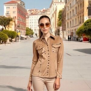 TRES JOLIE Tan Suede Leather Button Front Shirt Jacket Copper Grommets S/M G
